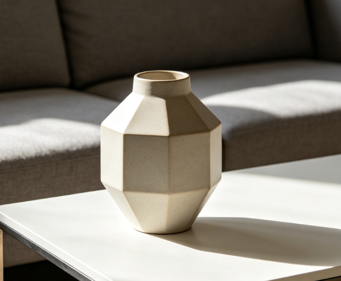 Geometric Faceted Beige Ceramic Vase